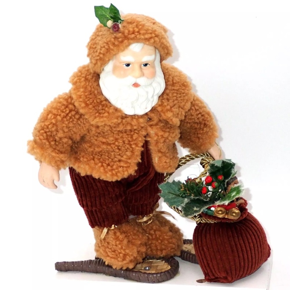 Vintage Santa figurine snowshoes sherpa coat bag presents holiday home decor